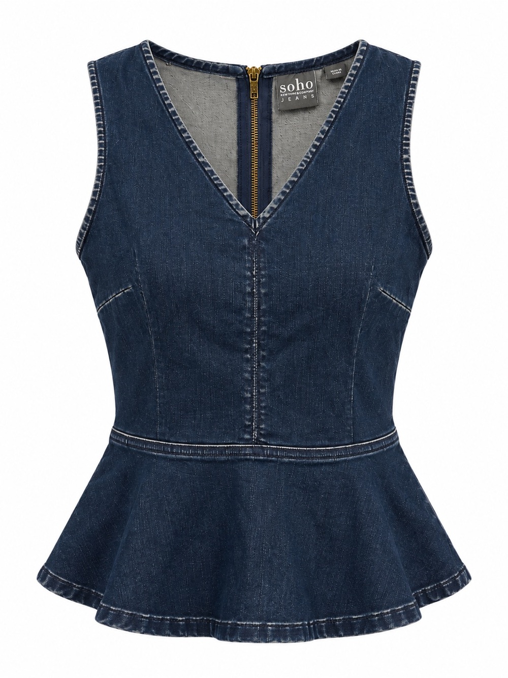 Soho Sleeveless Dark Blue Denim Peplum Top with Gold Zipper M